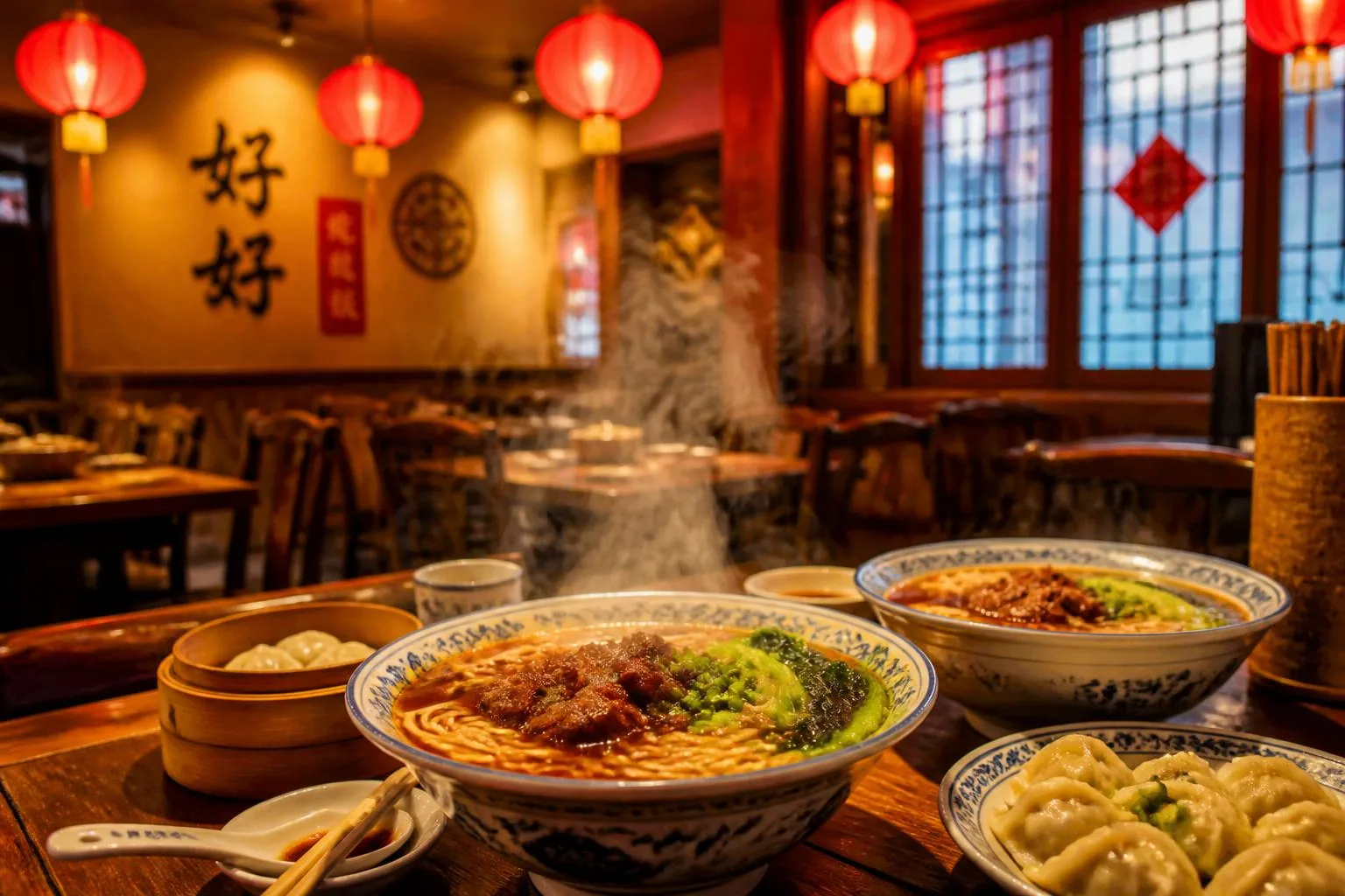 Steaming bowls of noodles and dumplings at Great Wall